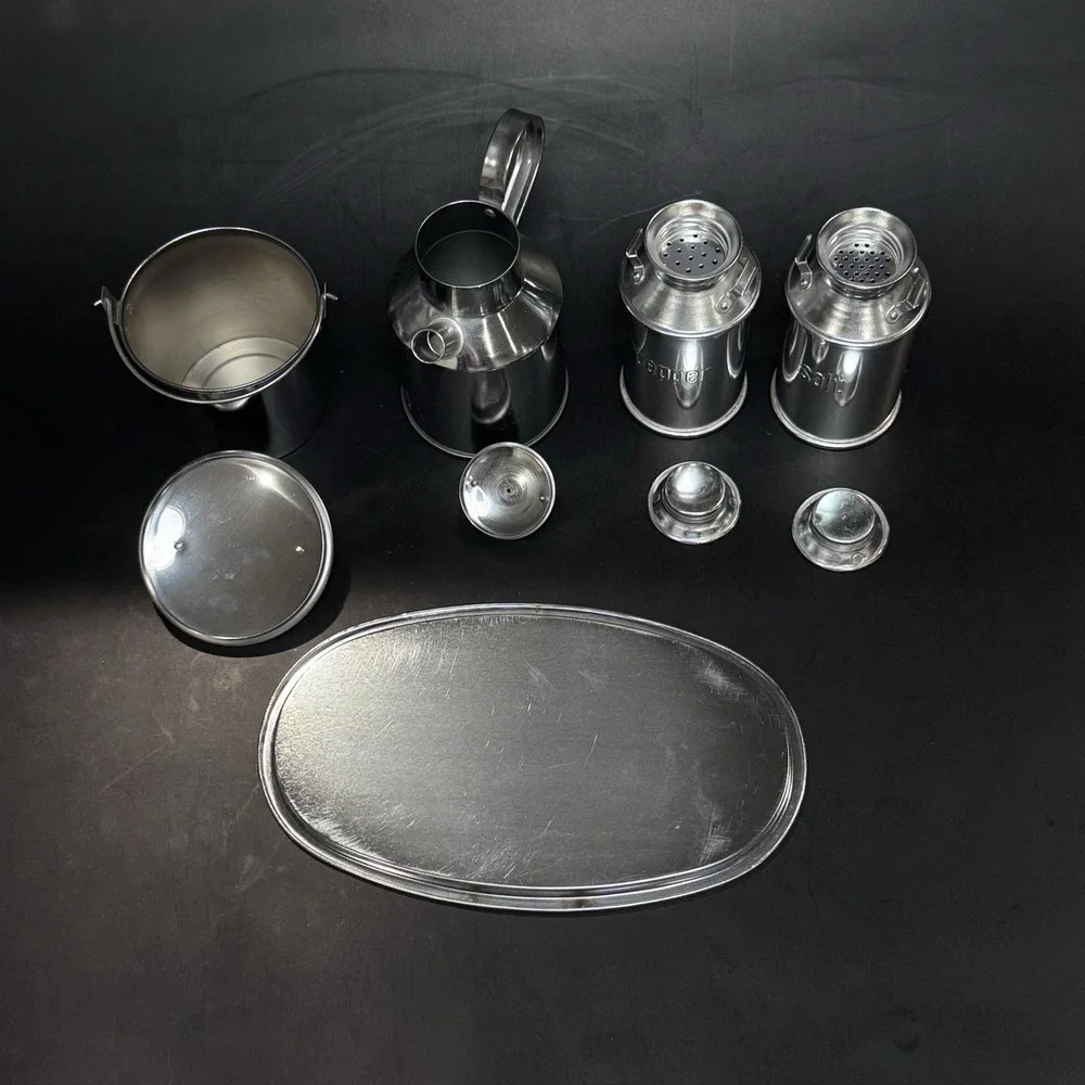 Vintage Mid Century Aluminum Kitchen Table‎ Condiment Set Made in Japan 9pc LNC